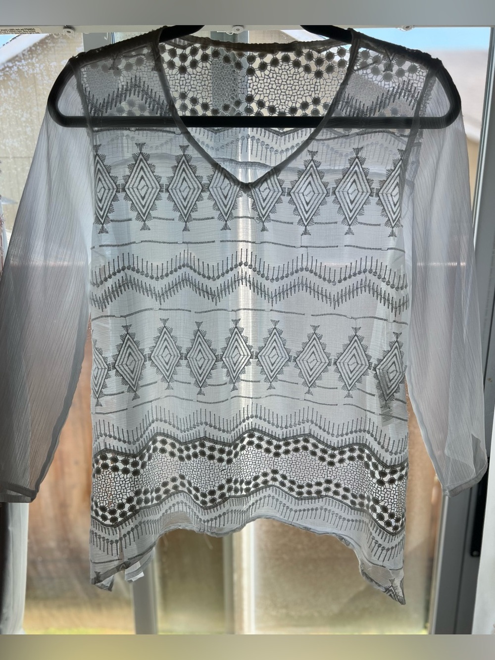 Chico's Romantic White Open-knit, Crochet & Embroidered Sheer V-Neck Blouse